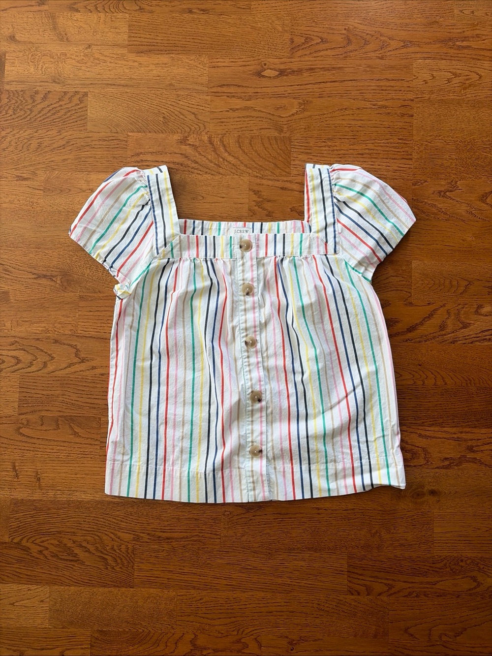 J. Crew Rainbow Striped Button Front Cotton Poplin Square Neck Top White Blouse